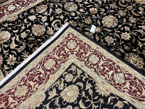 Indo Persian Rug 8x10, Black and Maroon Floral Allover Wool and Silk Oriental Carpet 8 x 10 ft, Hand Knotted Traditional Vintage Room Sized