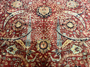 Indian Agra Rug 9x11, Terracotta and Navy Blue, Sickle Leaf Rug