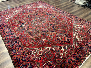 Persian Heriz Rug 7x10, Geometric Pattern, Red Ivory Navy Blue