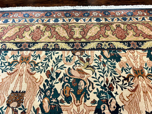 10x13 Wool Rug, Floral Pattern, Birds, Handmade Vintage Carpet, Couristan Rug, Beige