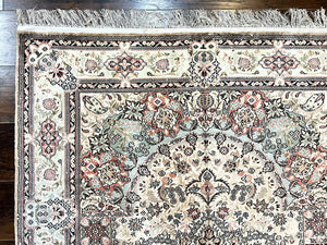 Silk Indian Kashmiri Rug 4x6, Handmade, Ivory, Fine 240 KPSI