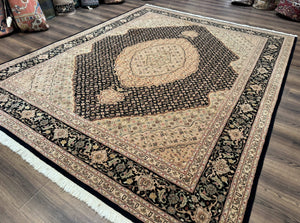 Sino Persian Rug 8x10, Herati Mahi Pattern, Fine 170 KPSI, Black, Wool and Silk Highlights
