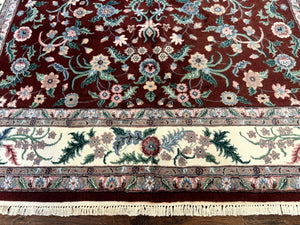 Indo Persian Rug 8x10, Red and Ivory, Floral Allover, Handmade Wool Area Rug