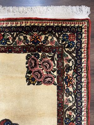 Persian Bidjar Rug 3x5, Open Field Medallion, Hand Knotted, Ivory/Cream Red Blue, Wool Oriental Bijar Carpet, 3 x 5 Vintage Area Rug, Floral Roses, Fine