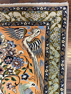 Very Fine Small Persian Isfahan Rug 2.6 x 4, Kork Wool on Silk Hand-Knotted Vintage Animal Pictorials Birds Vase, Signature Masterweaver, Orange