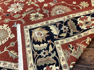 Indian Mahal Rug 8x10, Room Sized Wool Handmade Vintage Carpet, Red and Black, Floral, Flatweave Mahal Sultanabad Rug