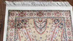 Persian Design Silk Accent Rug, Dome Medallion, Allover Pattern Oriental Carpet, Small Silk Rug, Cream, Ivory, Bamboo Silk, 2' 8" x 4' 1"