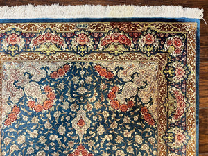 Magnificent Persian Qum Silk Rug 3x5, Blue, Super Fine 675 KPSI - 70 Raj, Floral Roses, Handmade Vintage Silk Carpet, Masterpiece