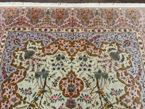 Wonderful Persian Tabriz Rug 7x10, Very Fine 330 KPSI, Light Green Light Blue Pink, Kork Wool Silk Foundation, Bird Pictorials
