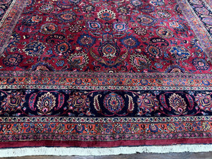 Palace Size Persian Mashad Rug 12x16, Raspberry and Navy Blue, Signature from Master Weaver, Antique Handmade Large Wool Carpet
