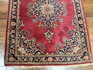 Small Persian Kashan Rug 2x3, Red and Navy Blue, Handmade Vintage Wool Semi Antique Persian Carpet, Semi Open Field