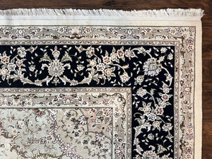 Sino Persian Rug 12x15, Ivory and Black, Floral Medallion Carpet, Large Palace Size Oriental Rug, Wool and Silk Highlights, Vintage Rug