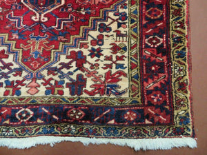 Persian Runner Rug, Heriz Runner Rug, Geometric Medallions, Red Cream Navy Blue Wool Hallway Rug 3.9 x 10.8 Antique Oriental Runner Handmade