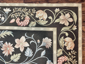 Large Needlepoint Rug 11x16, Dark Green Floral Elegant European Design Vintage Wool Handmade Carpet, Palace Size Rug