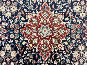 Pak Persian Rug 6x9, Floral Medallion, Dark Blue, Traditional Oriental Carpet, Handmade Wool Vintage Medium Size Rug, 240 KPSI