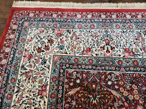 Oversized Pak Persian Rug 11x15, Large Wool Palace Carpet, Red and Ivory, Millefleur Allover Floral Pattern, Vintage Handmade Oriental Rug