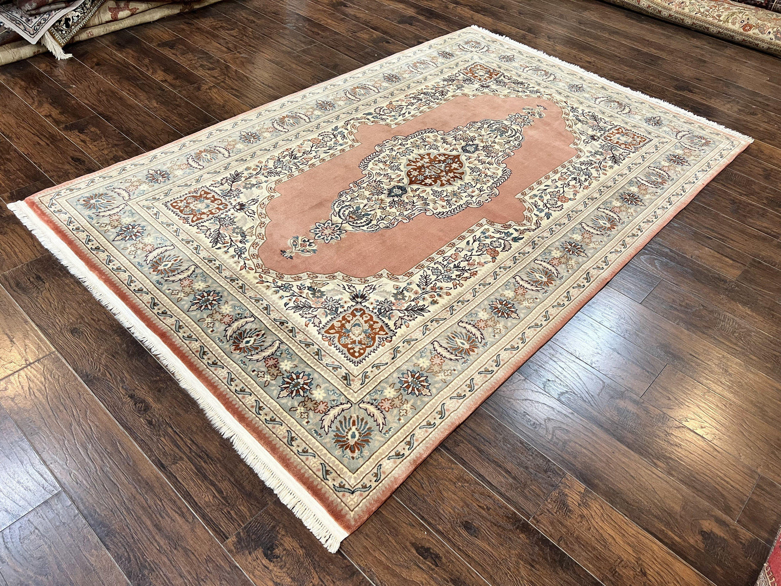 Indo Persian Rug 6x9, Semi Open Field Medallion Rug, Vintage Hand Knotted Wool Oriental Carpet, Traditional Rug, Light Pink, Medium Size
