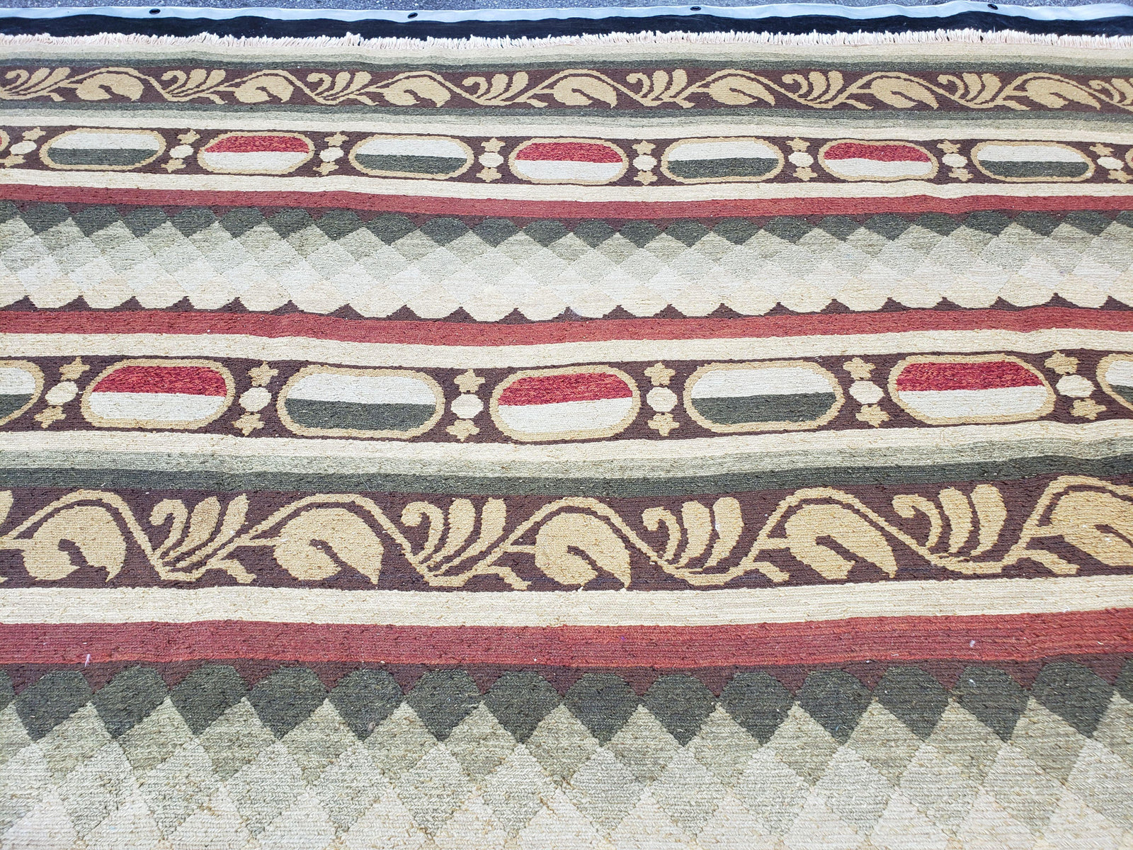 Large Vintage Striped Rug, Handmade, Earth Tone Decor, Beiges Slate Gray Dark Red, Flatweave Indian Striped Carpet, Indian Kilim 10x14, Wool