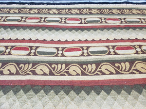 Large Vintage Striped Rug, Handmade, Earth Tone Decor, Beiges Slate Gray Dark Red, Flatweave Indian Striped Carpet, Indian Kilim 10x14, Wool