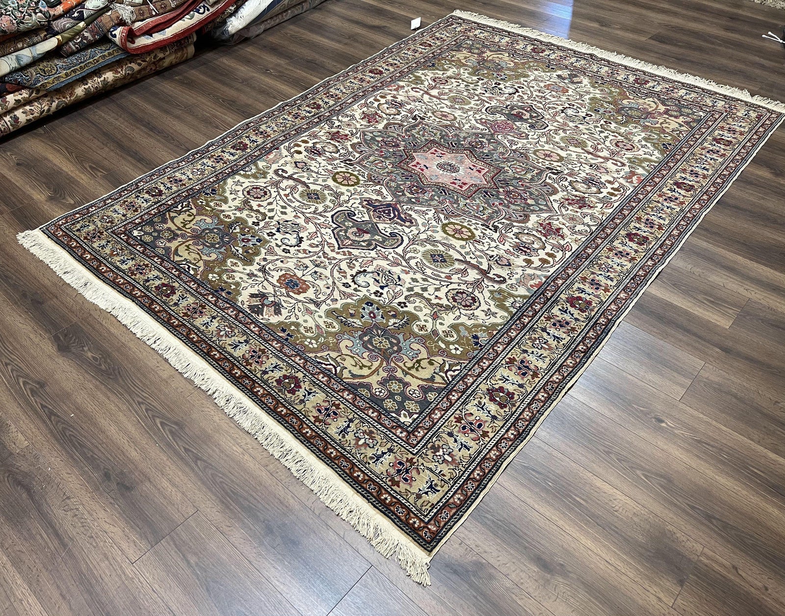 Turkish Sivas Rug 7x9, Vintage Wool Hand-Knotted Carpet, Ivory Cream Purple Tan, Floral Medallion Rug, Fine Oriental Carpet, Medium Size Rug
