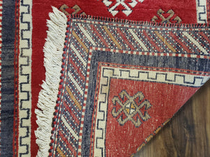 Vintage Turkish Kazak Rug 2.5 x 5 Red Wool Carpet Medallions Runner Geometric