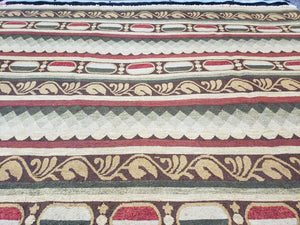 Large Vintage Striped Rug, Handmade, Earth Tone Decor, Beiges Slate Gray Dark Red, Flatweave Indian Striped Carpet, Indian Kilim 10x14, Wool