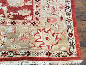Peshawar Rug 9.5 x 10.8, Almost Square Size, Red and Beige Chobi Sultanabad Rug, Shah Abbas Flowers, Wool Handmade, Vintage Oriental Carpet