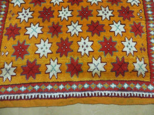 Vintage Moroccan Rug 4x5, Orange Ivory Red, Geometric Stars, Repeated Motif Allover, Hand Knotted Soft Wool Area Rug, Tribal Oriental Carpet