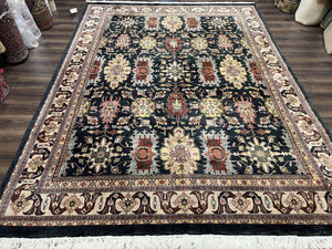 Indo Persian Mahal Rug 9x12, Dark Green and Cream Hand Knotted Wool Oriental Carpet, Floral Allover, Vintage Traditional Handmade Room Sized