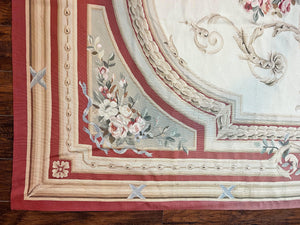 Large Aubusson Rug 10x14, Elegant French European Floral Design, Vintage Handmade Wool Room Sized Carpet, Ivory
