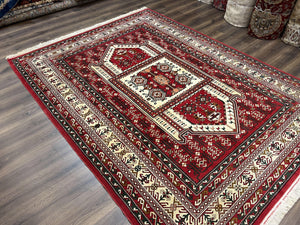 Wool Kazak Pattern Rug 7x10, Geometric Pakistani Hand Knotted Carpet, Large Medallion, Red Cream Dark Green, Room Sized Vintage Oriental Rug