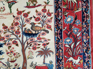 Antique Persian Isfahan Rug 5x7, Animal and Human Pictorials, Hand Knotted Fine Oriental Wool Carpet, Cream and Red, High KPSI, Vintage Rug 5 x 7 ft