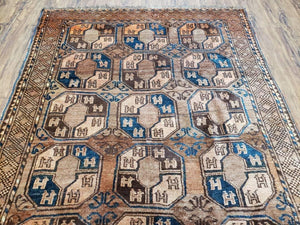 Antique Afghan Tribal Area Rug 4' x 7' 8", Afghanistan Bashir Oriental Carpet, Hand-Knotted Brown Vintage Rug, Wool on Wool Corridor Rug