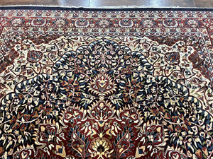 Indo Persian Rug 9x13, Floral Medallion, Midnight Blue & Burgundy, Hand Knotted Vintage Room Sized Traditional Wool Oriental Carpet
