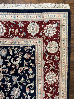 Indo Perisan Rug 9x12, Floral Allover, Midnight Blue and Dark Red Room Sized Carpet 9 x 12 ft, Hand Knotted Wool Vintage Indian Oriental Rug