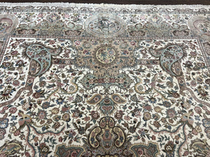 Sino Persian Rug 9x12, Wool on Silk Foundation Hand Knotted Ivory Vintage Carpet, Birds Design, Very Fine Room Sized Floral Oriental Rug