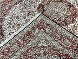 Silk Indian Kashmiri Rug 9 x 11 ft, Room Sized Silk Vintage Indo Persian Handmade Hand Knotted Fine Oriental Carpet, Ivory and Maroon