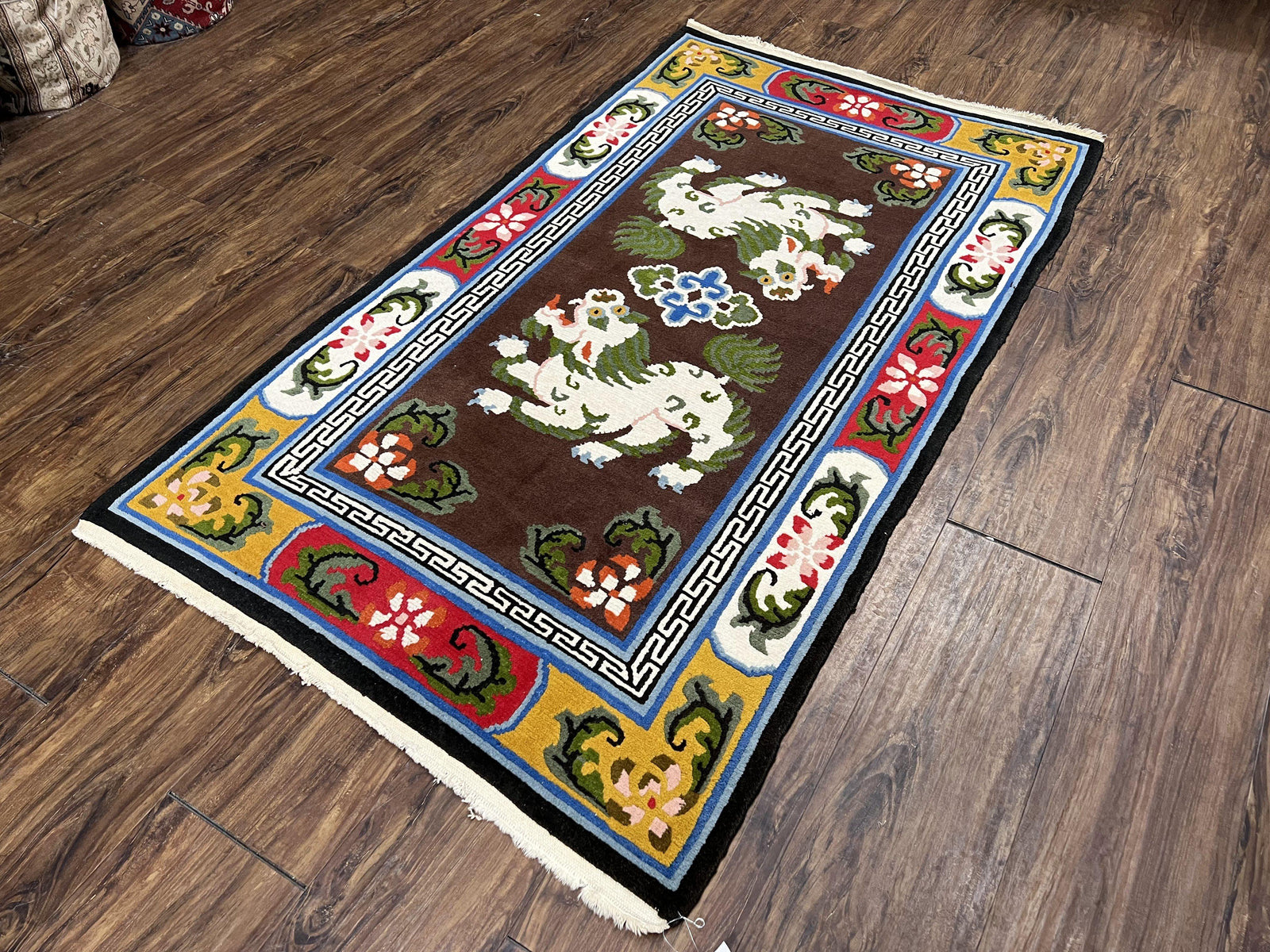 Chinese Peking Rug 3x5 with Animal Pictorial, Brown Ivory Gold Red, Handmade Vintage Chinese Carpet, Art Deco Rug, Unique Asian Oriental Rug