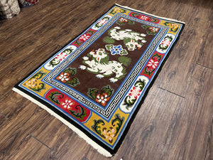 Chinese Peking Rug 3x5 with Animal Pictorial, Brown Ivory Gold Red, Handmade Vintage Chinese Carpet, Art Deco Rug, Unique Asian Oriental Rug
