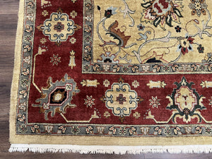 Indo Persian Mahal Rug 8x12, Wool Hand Knotted Oriental Carpet, Light Gold and Burgundy, Floral Allover, Vintage Room Sized Area Rug 8 x 12