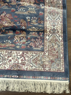 Turkish Silk Rug 2.6 x 6.7, Short Runner Rug, Blue & Ivory, Bamboo Silk, New