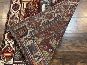 Antique Persian Shiraz Pictorial Rug 3.6 x 5, Persian Tribal Rug, Handmade, Lions, Highly Unique Collectible Small Persian Carpet, Maroon, Wool
