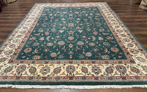 Indo Persian Rug 8x10, Green and Beige Oriental Carpet, Traditional Wool Area Rug, Floral Allover Pattern