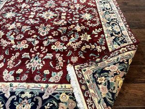 Indo Persian Rug 8x10, Floral Allover with Bird Pictorials, Maroon and Navy Blue, Handmade Wool Area Rug