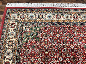 Persian Tabriz Rug 7x10, Wool Hand Knotted Vintage Carpet, Red Green & Cream, Herati Pattern, 7 x 10 Room Sized Oriental Rug