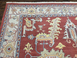 Indo Heriz Flatweave Rug 10x14, Indian Large Room Sized Carpet 10 x 14 ft, Red Green Floral Allover, Wool Handmade Vintage Oriental Rug