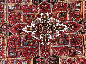 Persian Heriz Rug 10x13, Wool Hand Knotted Vintage Carpet, Geometric Medallion Tribal Oriental Rug, Red & Ivory, 10 x 13 Large Sized Rug