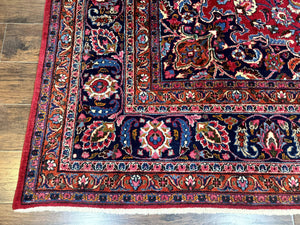 Antique Persian Mashad Rug 10x13, Red and Navy Blue, Great Colors, Signed By Masterweaver, Floral Medallion, Handmade Wool Persian Carpet