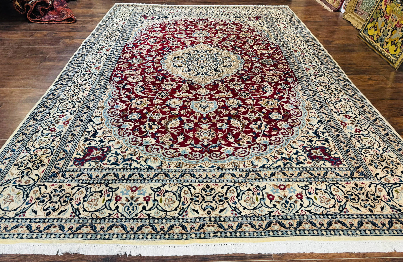 Persian Nain Rug 8x11, Wool and Silk Highlights, Burgundy & Ivory