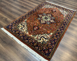Indo Persian Heriz Rug 4x6, Rust Red Navy Blue and Cream